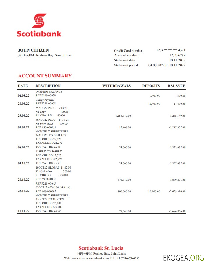 Relevé bancaire de la Banque Scotia de Sainte Lucie xls